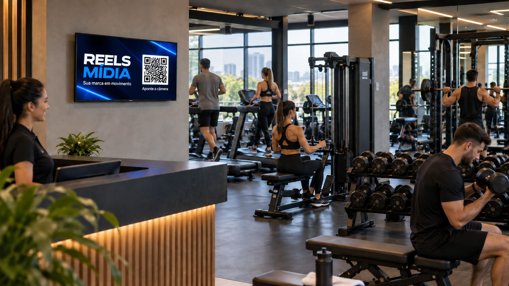 TV Reels Mídia exibindo campanha com QR Code em uma academia
