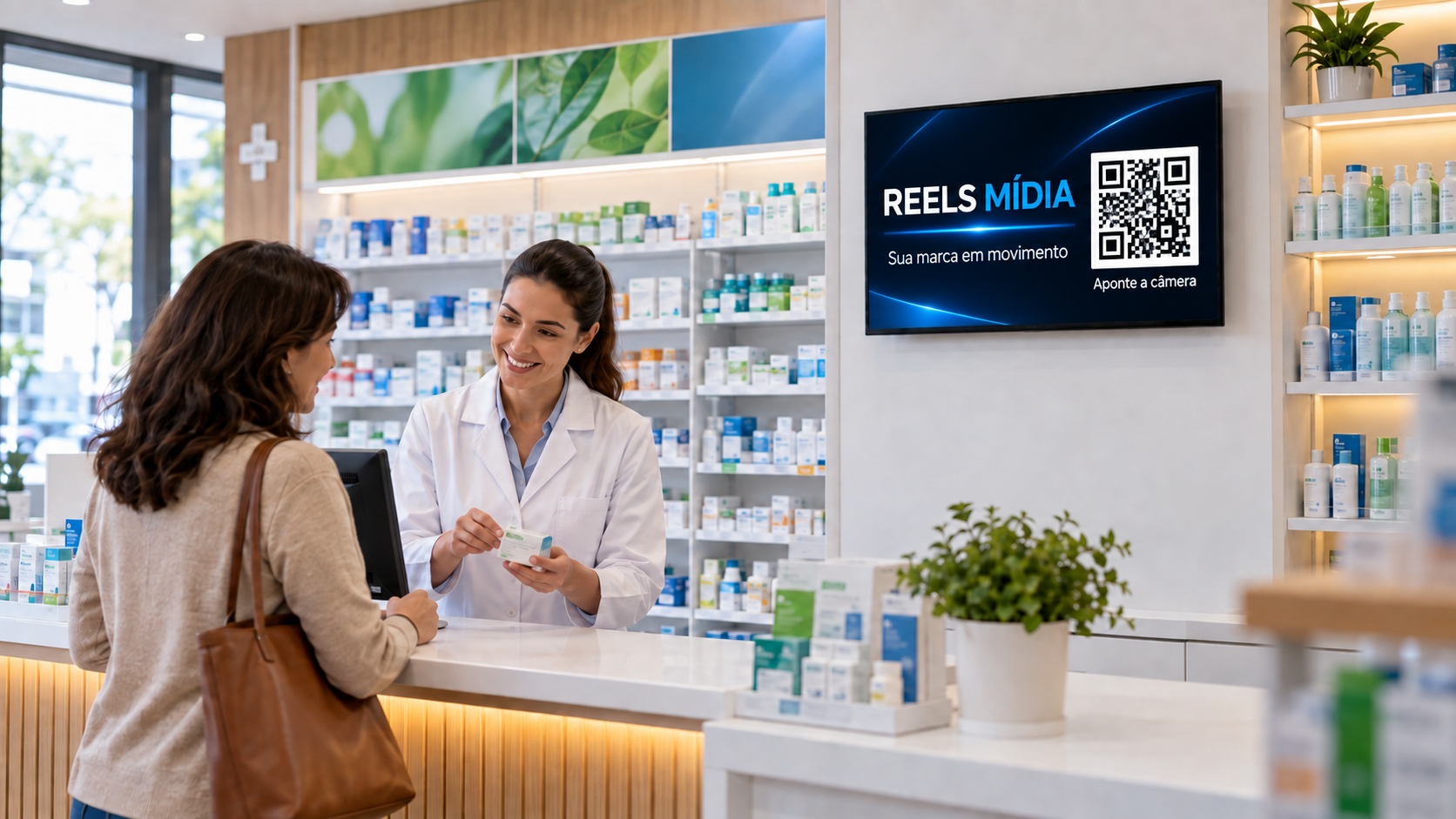 TV Reels Mídia exibindo campanha com QR Code em uma farmácia