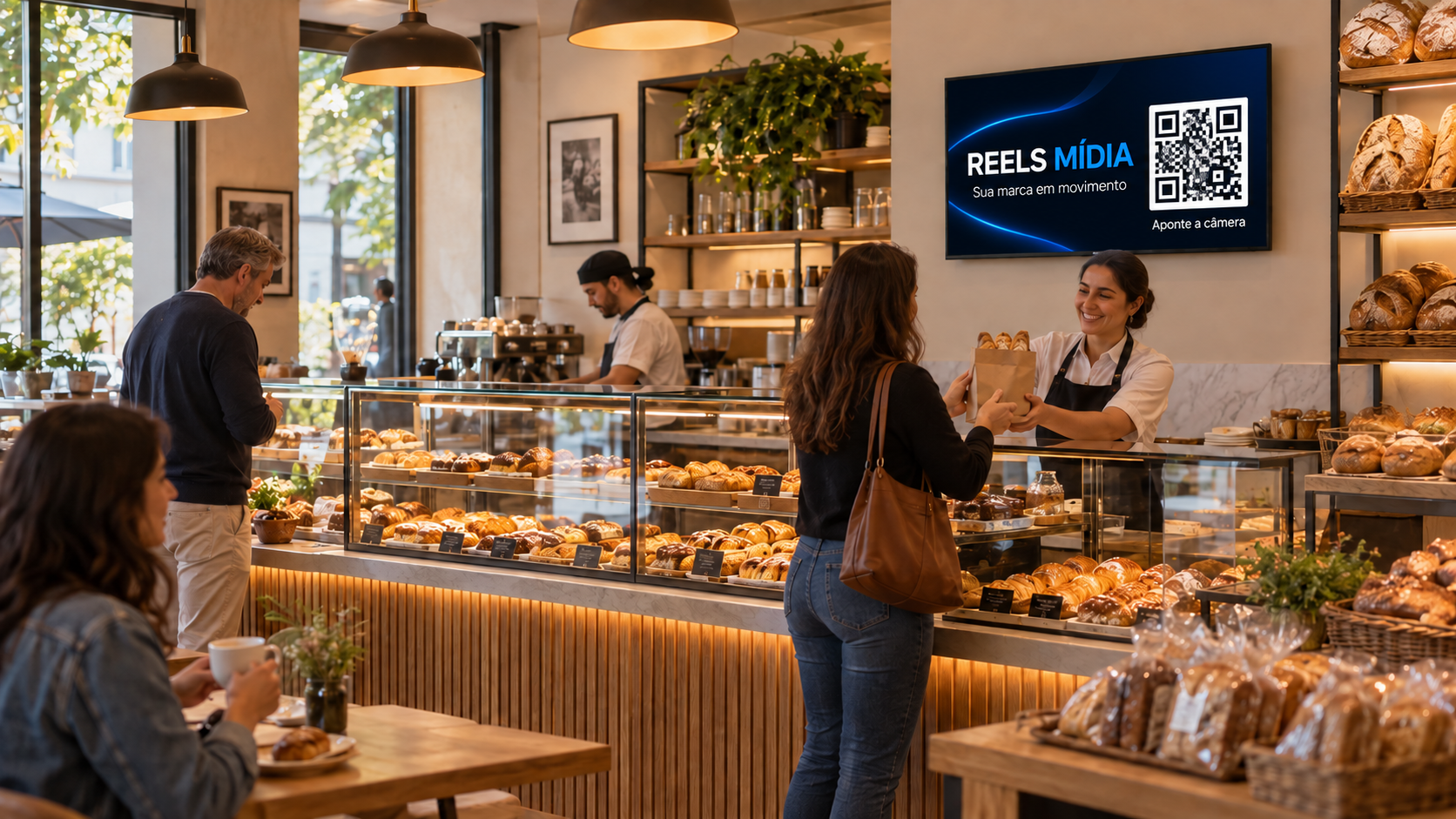 TV Reels Mídia exibindo campanha com QR Code em uma padaria