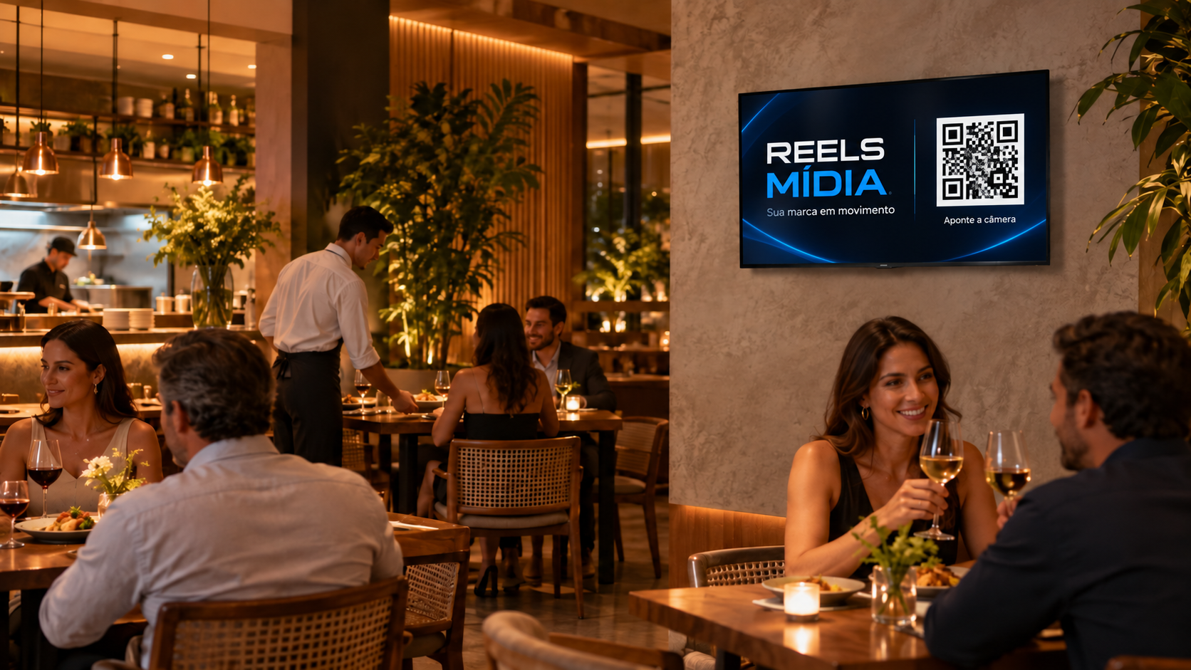 TV Reels Mídia exibindo campanha com QR Code em um restaurante