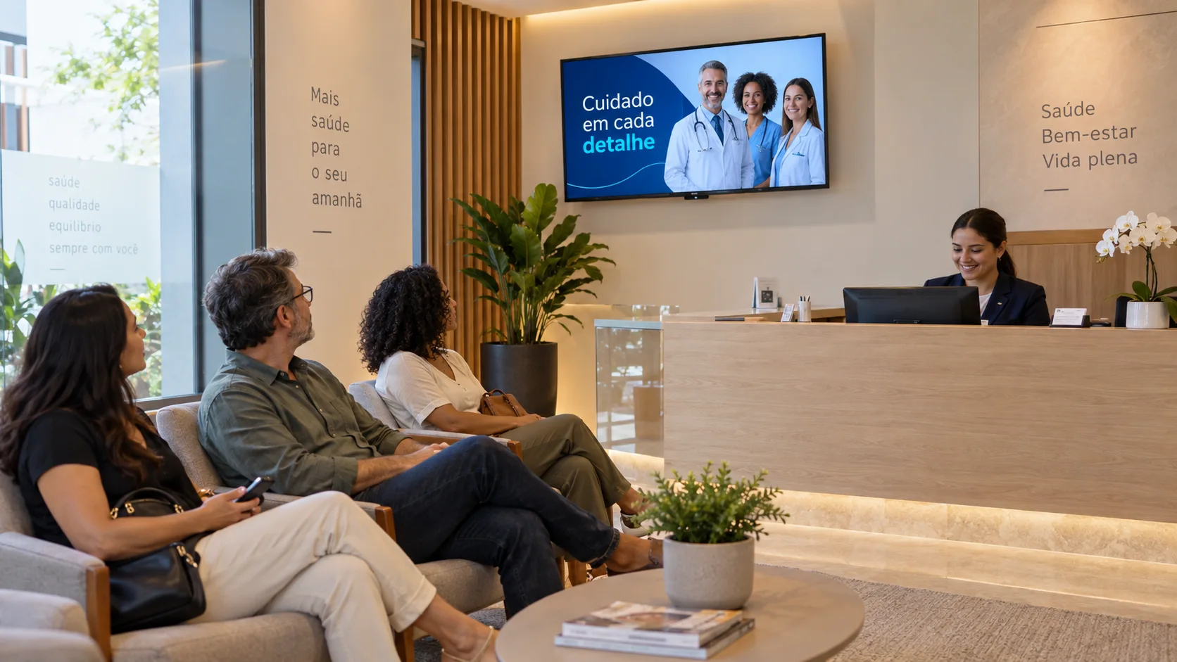 Pessoas aguardam em uma recepção com TV na parede apresentando a equipe da clínica; imagem ilustrativa.