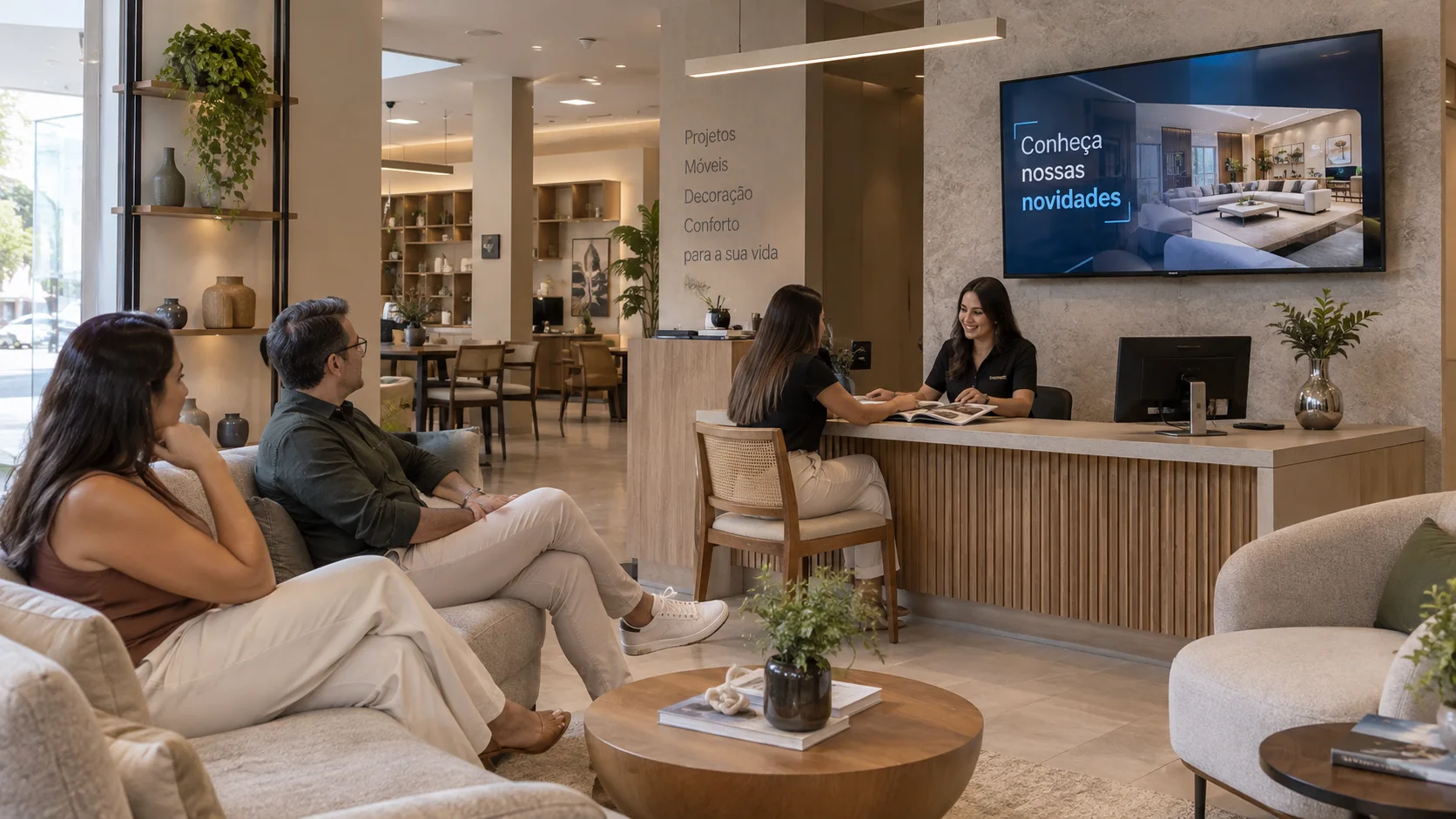 Recepção ilustrativa de loja com clientes sentados, balcão e TV horizontal mostrando novidades da própria empresa.