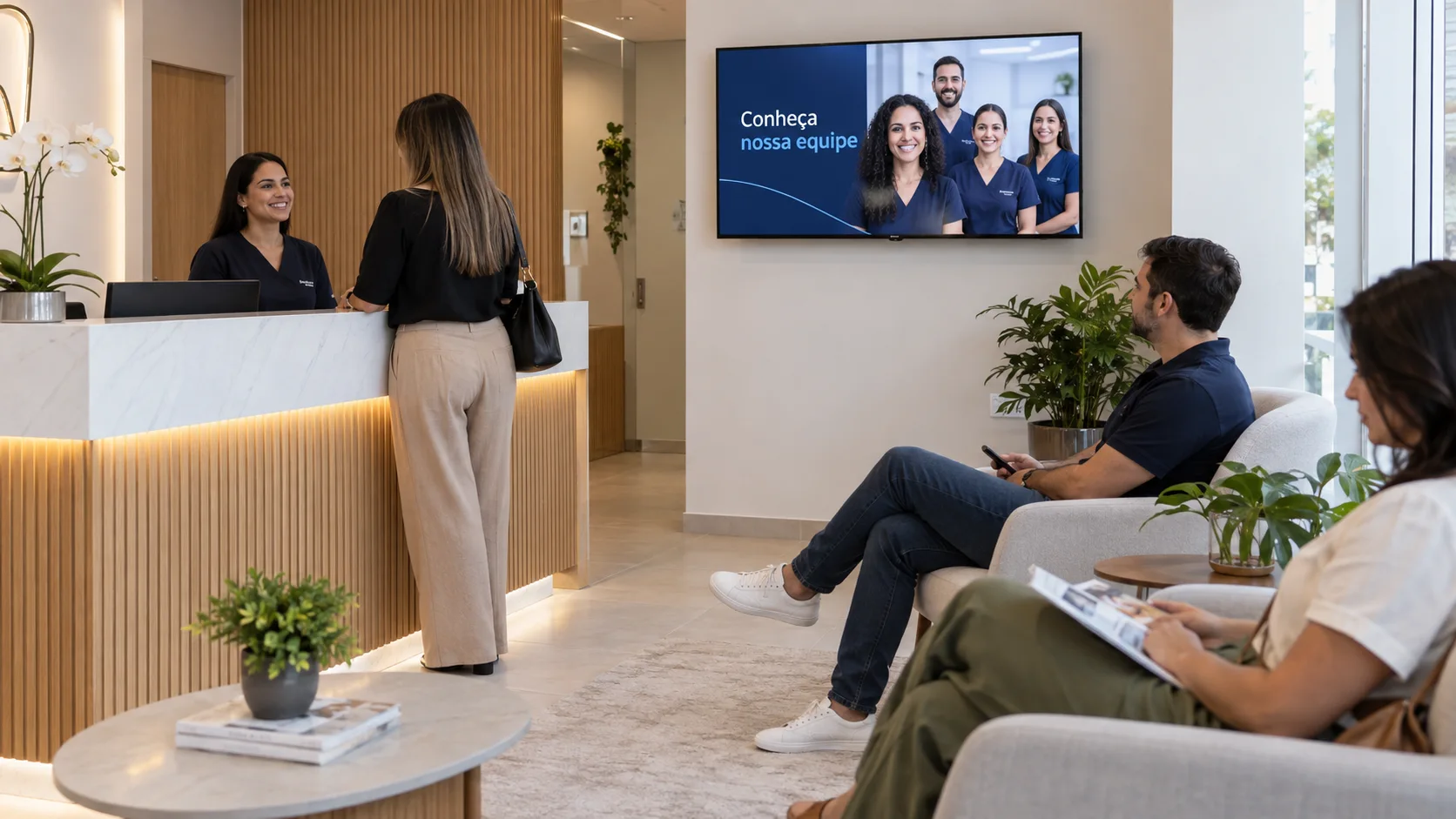 Recepção ilustrativa de consultório odontológico com pessoas esperando e TV horizontal apresentando a equipe.